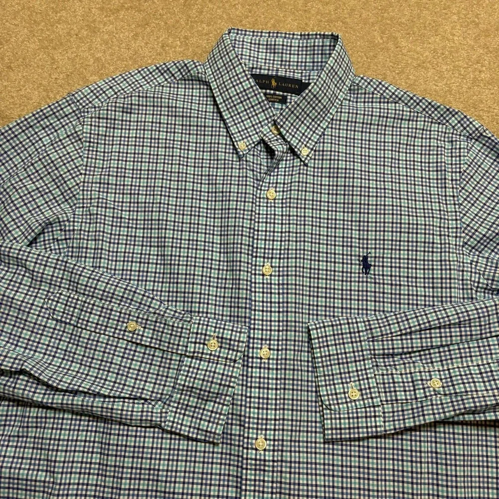 Ralph Lauren Shirt Mens Large Blue Green Check Button Down Long Sleeve Pony Logo